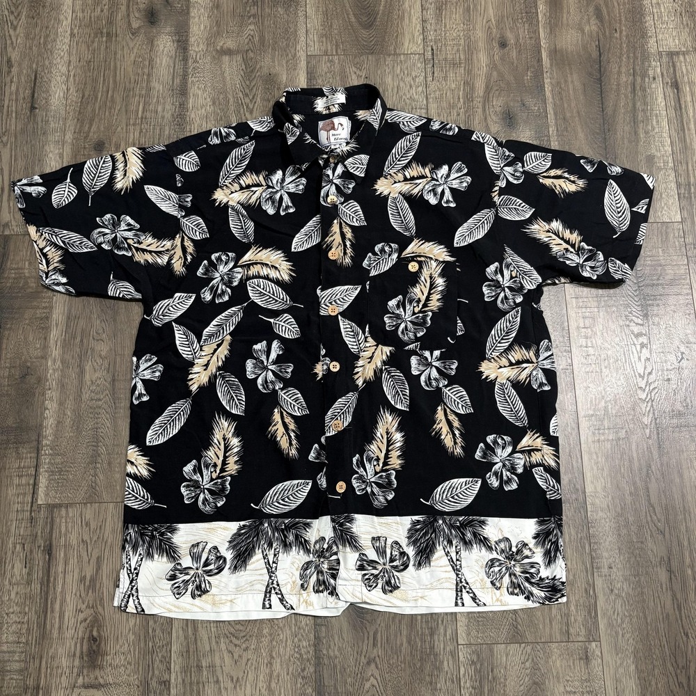 Marc Edwards Shirt Mens XL Black Hawaiian Floral Palm Tree Button Front Rayon